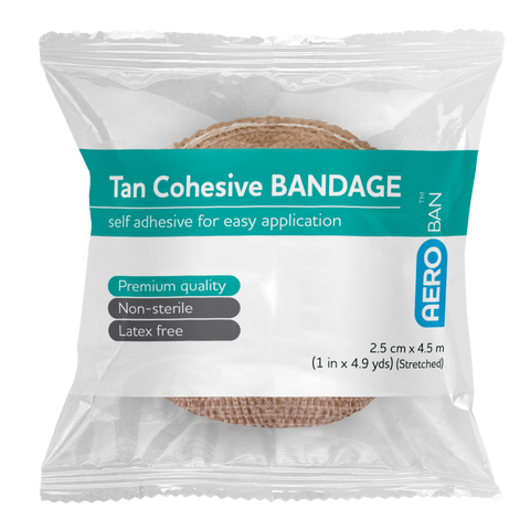 AEROBAN Tan Cohesive Bandage 2.5cm x 4.5M Wrap/12
