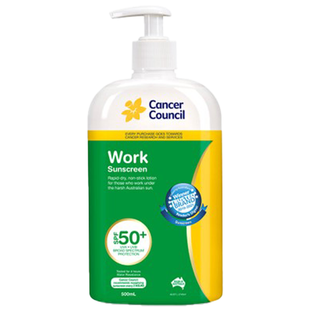 CANCER COUNCIL SPF50+ Work Sunscreen Pump 500mL (GST Free)