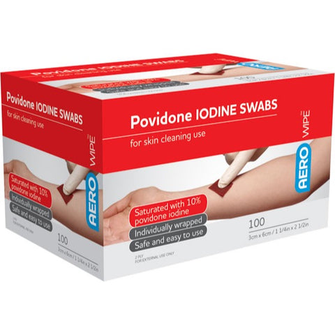AeroWipe Povidone Iodine Swabs 3 x 6cm - Box of 100