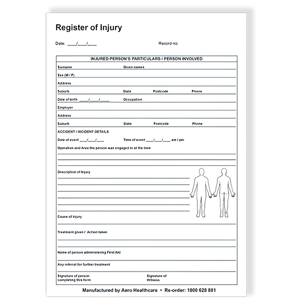 AEROSUPPLIES A5 Register of Injuries Duplicate Pad (25 pages)